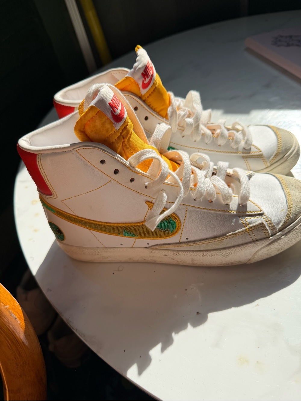 Nike Kids High-Top Sneakers in White, Yellow & Red